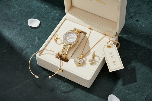 Gold quartz watch and jewelry gift set styled on a dark luxury surface