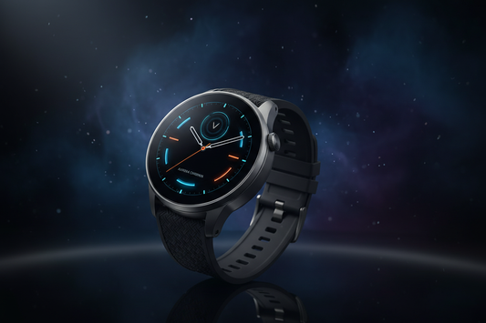 Sleek modern smartwatch on a dark surface with dramatic studio lighting, premium tech accessory editorial