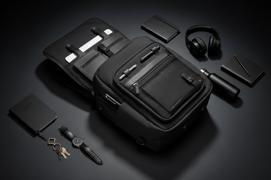 Quality student backpack with organized compartments on a dark surface with dramatic studio lighting, premium bag product photography