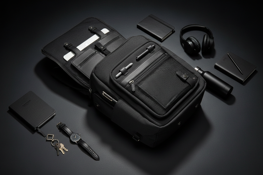 Quality student backpack with organized compartments on a dark surface with dramatic studio lighting, premium bag product photography