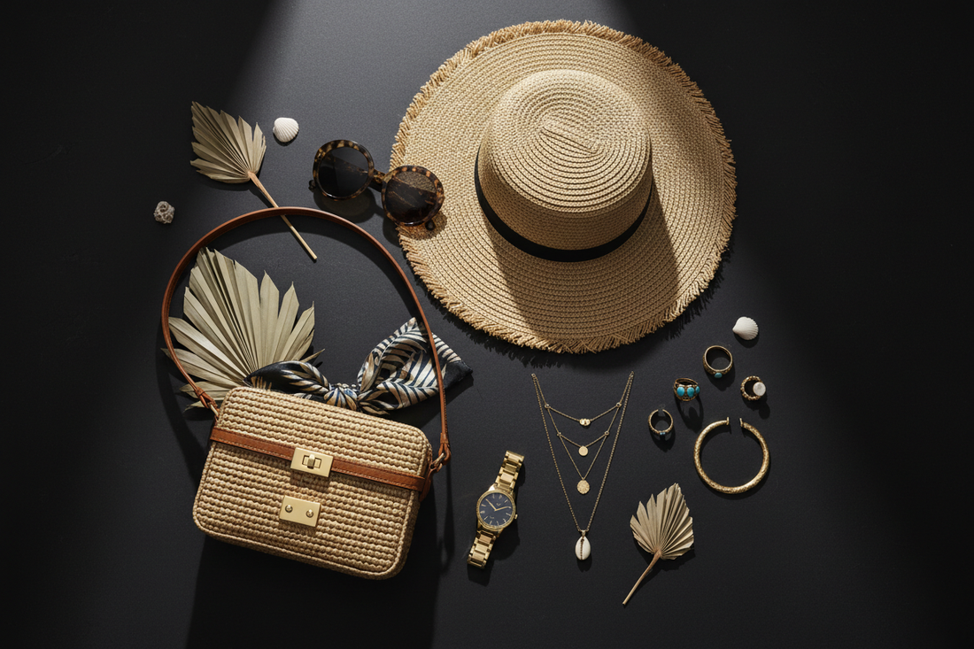 Summer fashion accessories flat lay featuring sunglasses, straw hat, crossbody bag, watch, and jewelry on a dark surface with moody studio lighting
