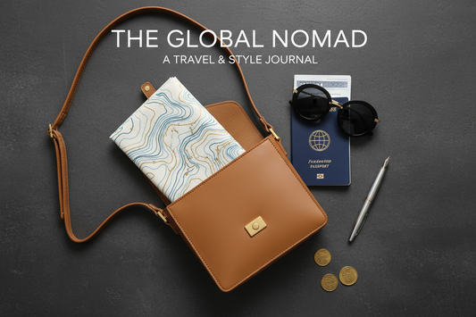 Travel flat lay with crossbody bag, passport and sunglasses — best bags for travel guide from Atlantis