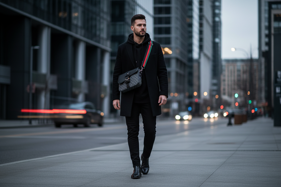Man wearing a crossbody sling bag in a modern urban setting