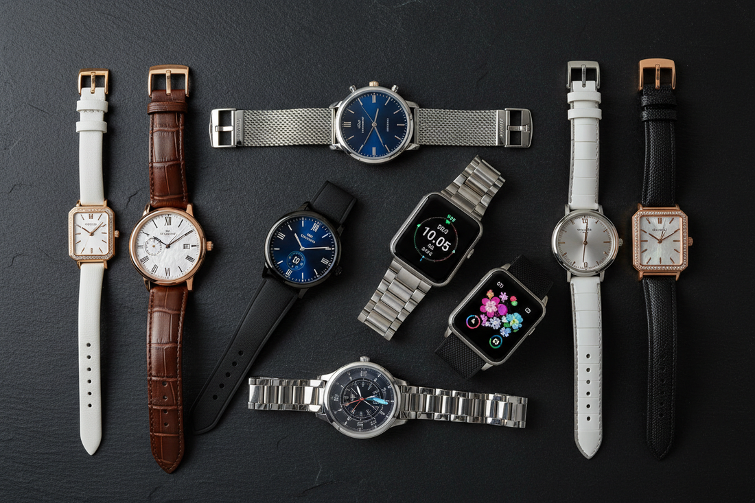 Men's and women's watch collection flat lay featuring quartz, dress, and smartwatch styles on a dark surface with soft dramatic lighting, luxury timepiece editorial