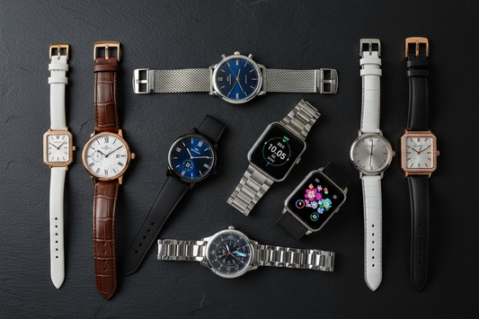 Men's and women's watch collection flat lay featuring quartz, dress, and smartwatch styles on a dark surface with soft dramatic lighting, luxury timepiece editorial