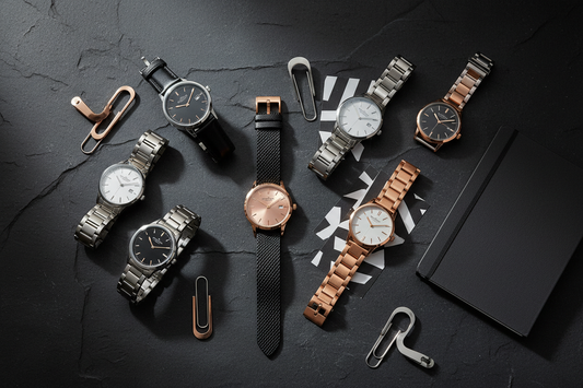 Flat lay of men's and women's watches in silver, black and rose gold — best watches under $50 guide from Atlantis