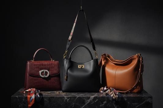 Women's fashion bag collection featuring crossbody, tote, and satchel styles on a dark background with dramatic studio lighting, luxury handbag editorial