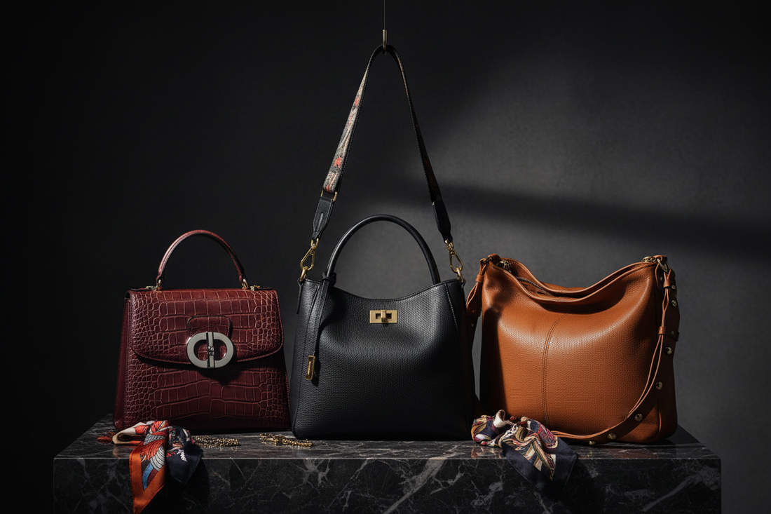 Women's fashion bag collection featuring crossbody, tote, and satchel styles on a dark background with dramatic studio lighting, luxury handbag editorial