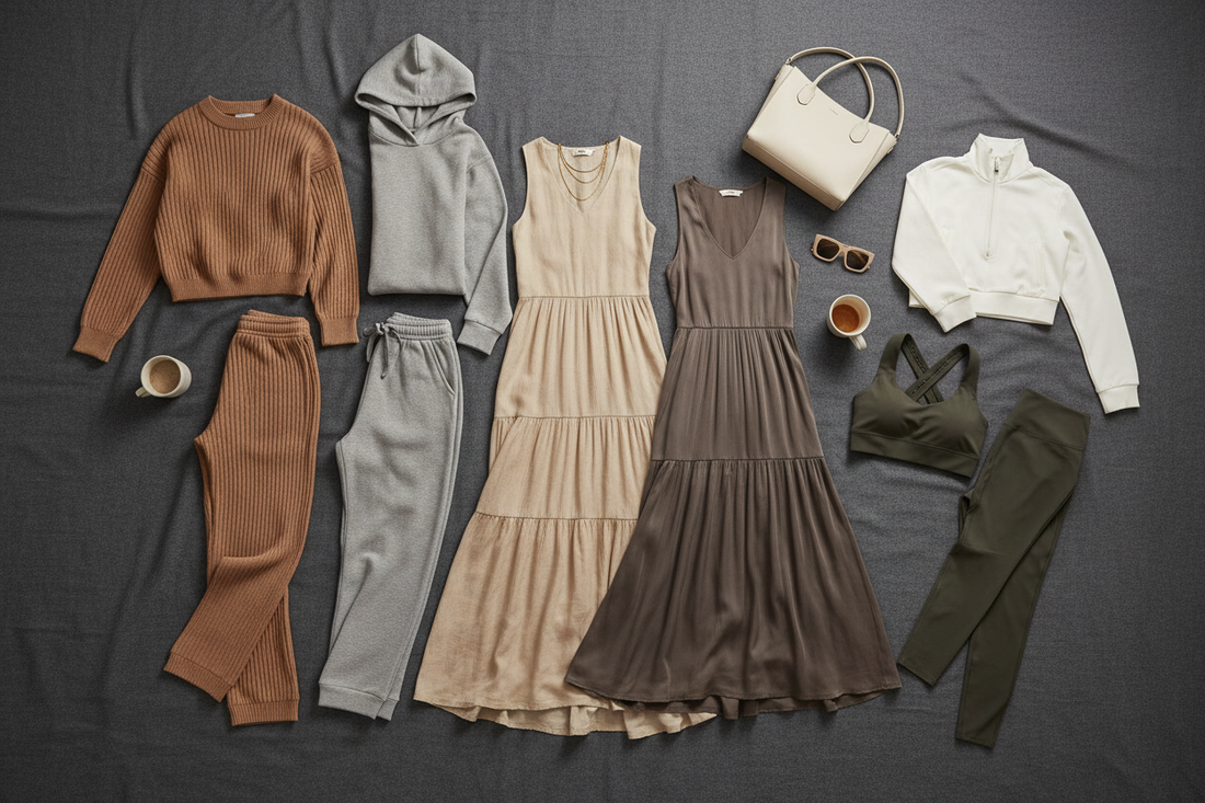 Women's fashion clothing collection featuring matching sets, dresses, and activewear in neutral tones on a dark background with cinematic studio lighting