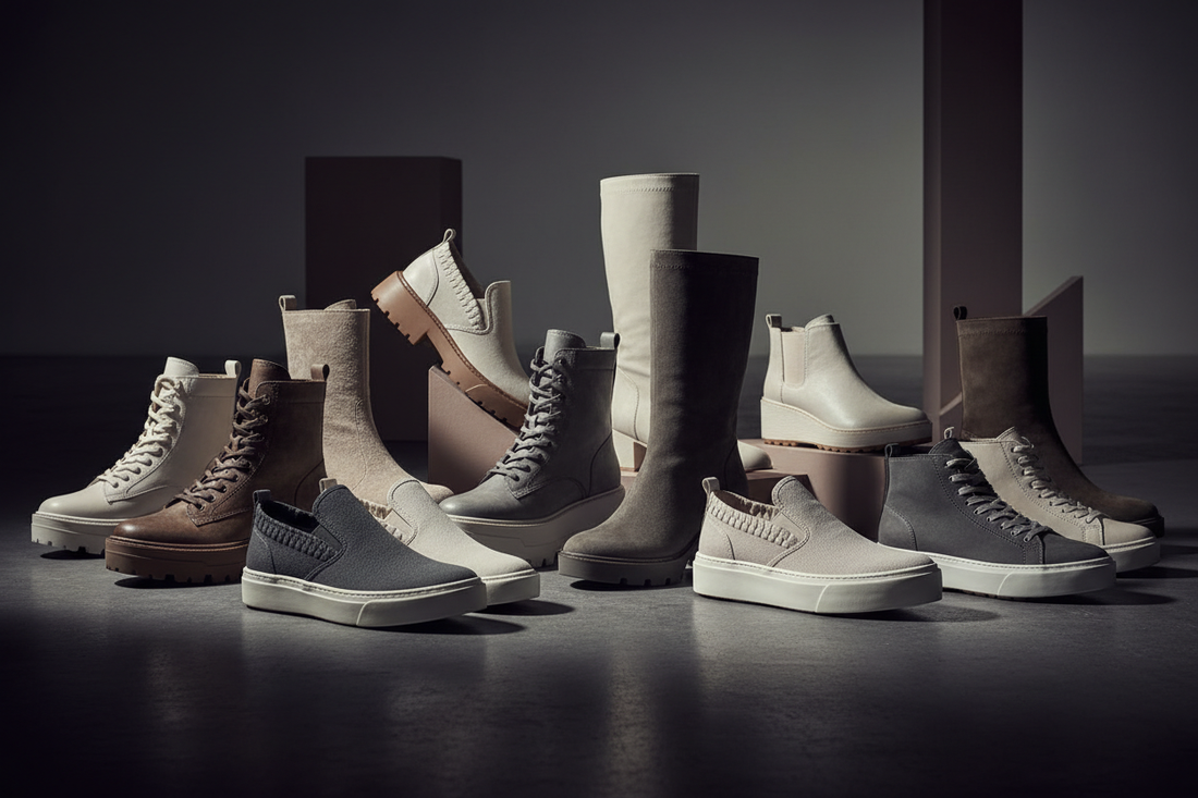 Women's fashion shoe collection featuring boots, sneakers, and skate shoes in neutral tones on a dark surface with dramatic studio lighting