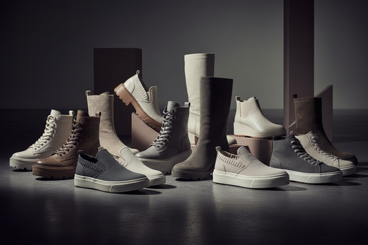 Women's fashion shoe collection featuring boots, sneakers, and skate shoes in neutral tones on a dark surface with dramatic studio lighting