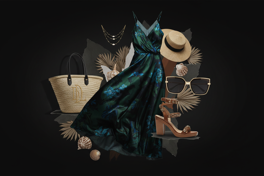 Women's summer fashion collection featuring flowy dress, sandals, sunglasses, and tote bag on a dark background with soft cinematic lighting