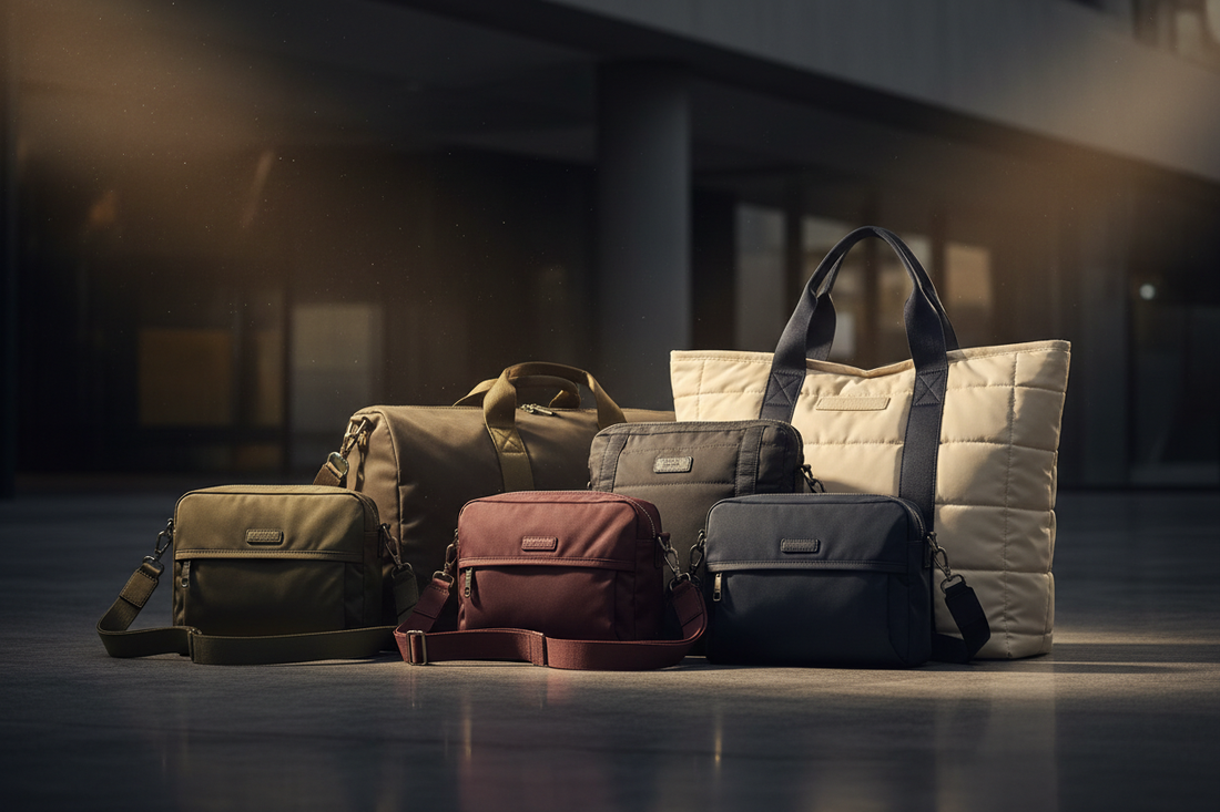 Women's travel bag collection featuring lightweight crossbody and tote styles on a dark surface with dramatic studio lighting, premium travel fashion editorial