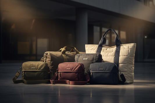 Women's travel bag collection featuring lightweight crossbody and tote styles on a dark surface with dramatic studio lighting, premium travel fashion editorial
