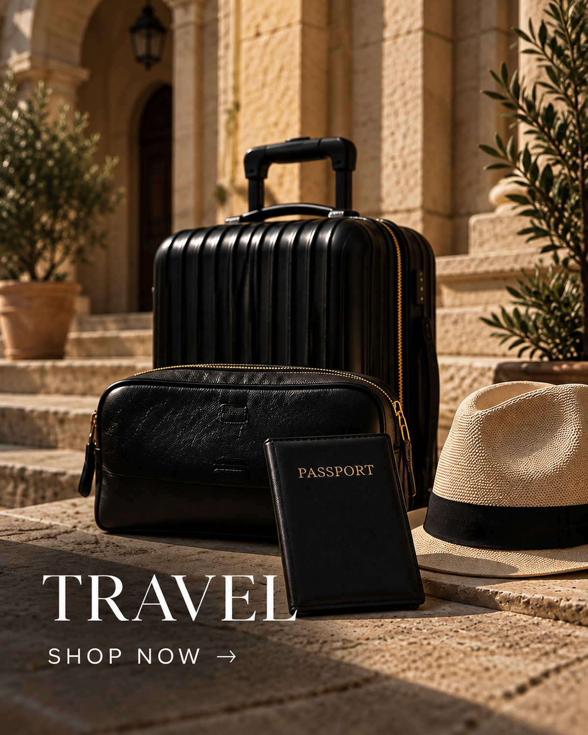 Black travel luggage, organizer and passport holder on a Mediterranean terrace