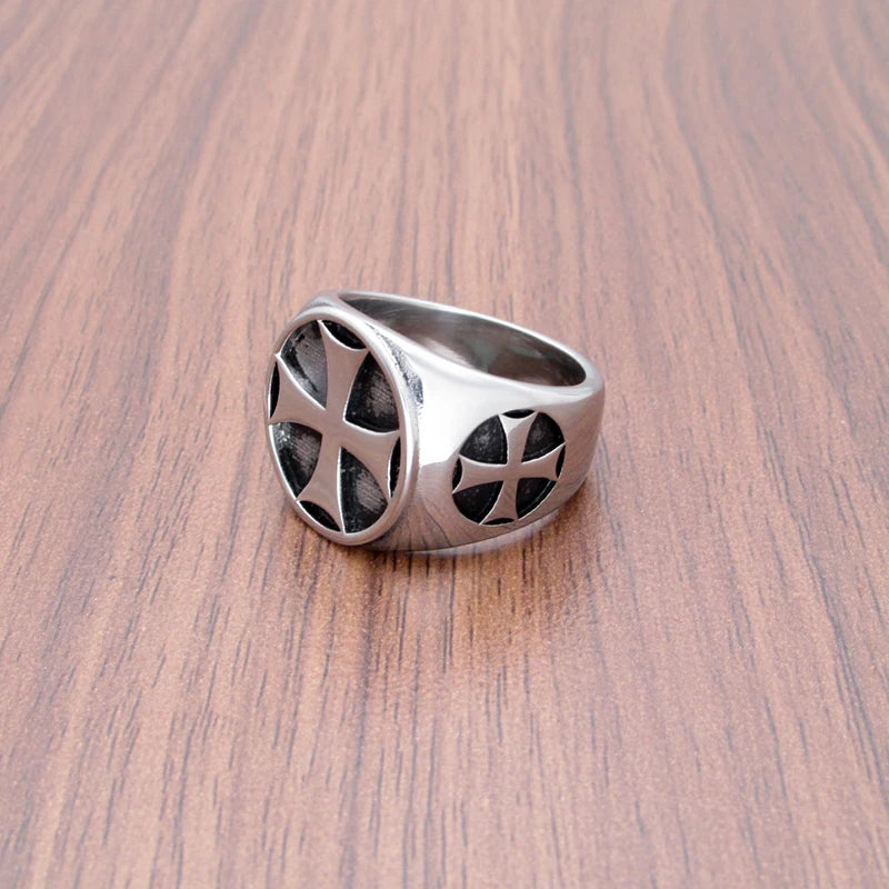 Vintage Knights Templar Double Cross Ring in Stainless Steel