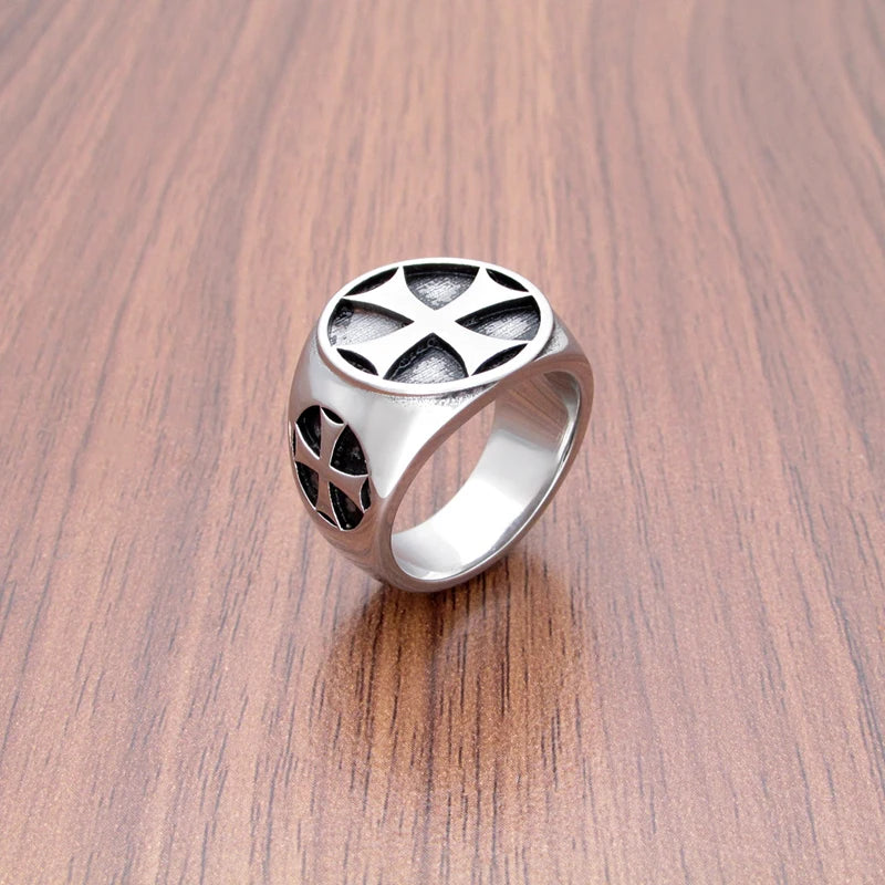 Vintage Knights Templar Double Cross Ring in Stainless Steel