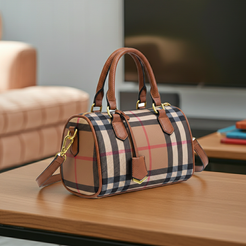 Vegan Leather Stripe Plaid Barrel Bag Crossbody