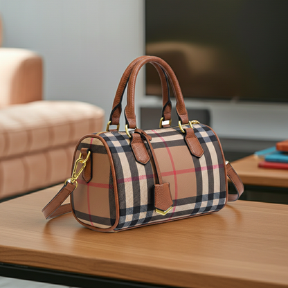 Vegan Leather Stripe Plaid Barrel Bag Crossbody