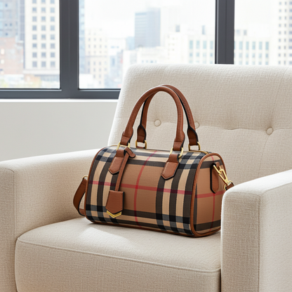 Vegan Leather Stripe Plaid Barrel Bag Crossbody