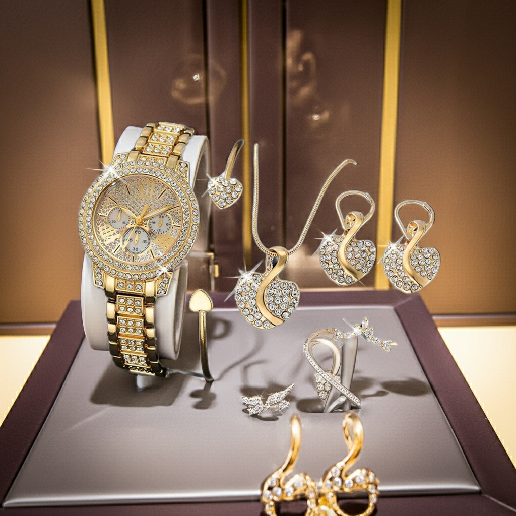 Women's Sparkling Quartz Watch & Jewelry Set – Ring, Necklace & Earrings
