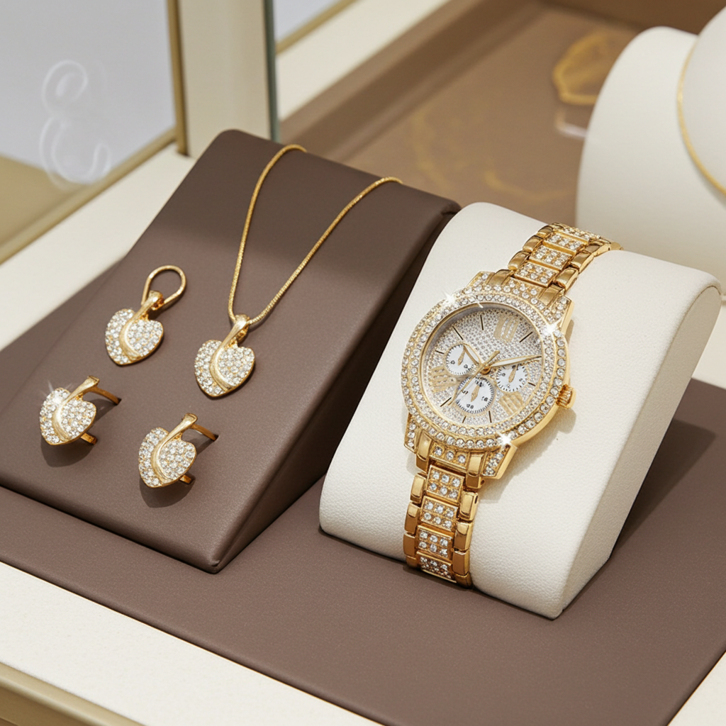 Women's Sparkling Quartz Watch & Jewelry Set – Ring, Necklace & Earrings