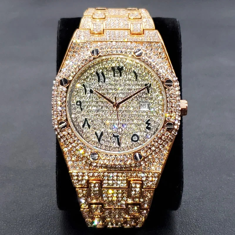 Fully Iced Diamond-Set Men's Watch — Octagonal Case, Arabic Numerals