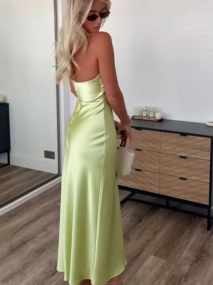 Satin Halter Neck Lace-Up Backless Midi Dress – Slim Fit Party Dress