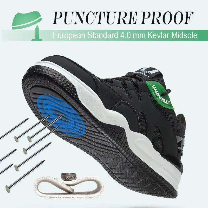 Black and White sneaker with Kevlar midsole, surrounded by nails and a rope, on a light Gray background.