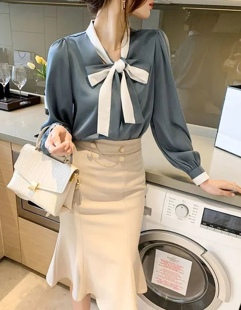 Women's Elegant Bow Blouse – Chic Office & Casual Long Sleeve Top