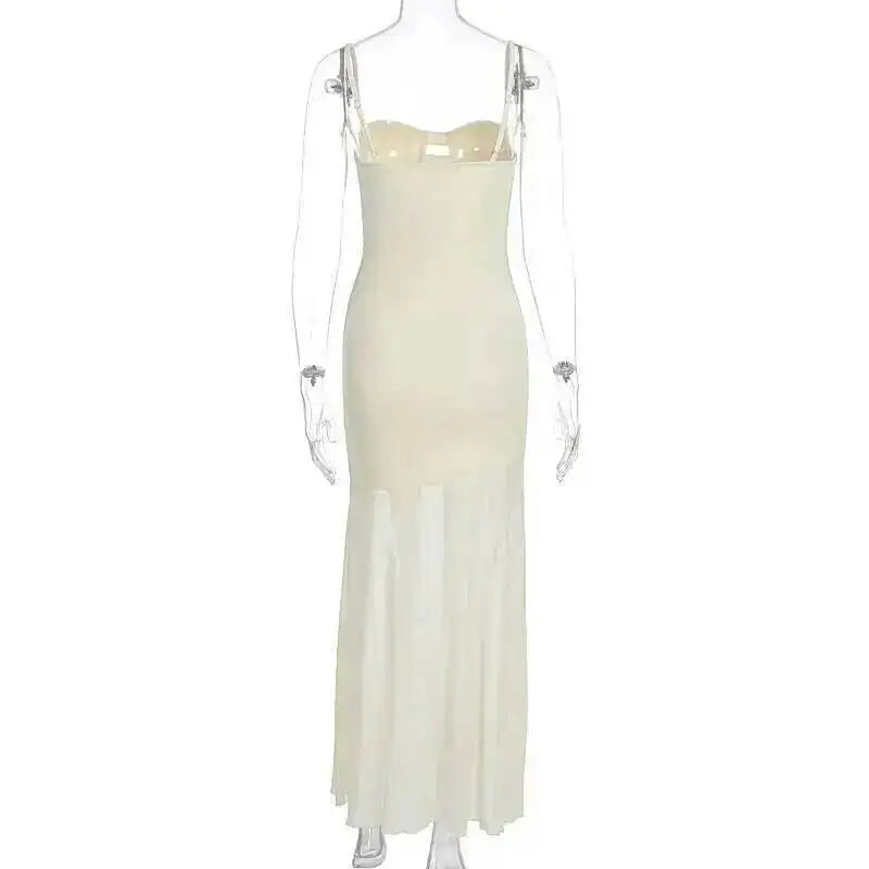 Mesh Splicing Backless Maxi Dress – Spaghetti Strap Summer Dress