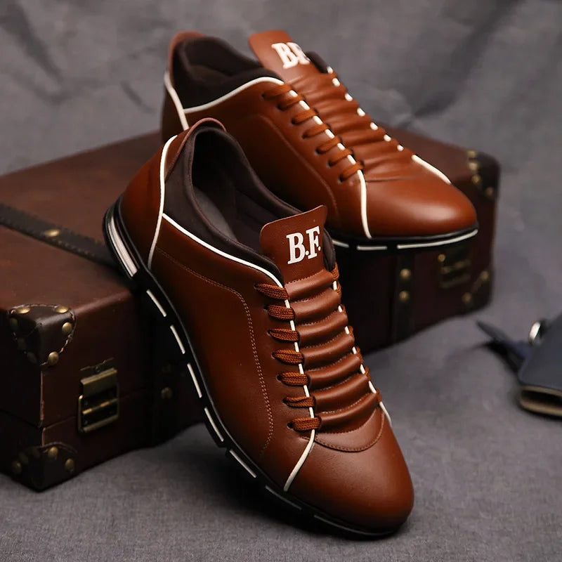 Brown leather shoes with White accents on a Gray background