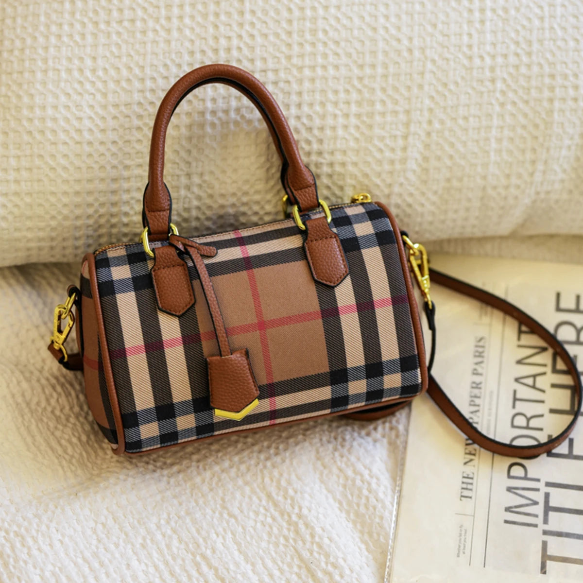 Classic Stripe Plaid Barrel Bag | Large Capacity Crossbody Tote