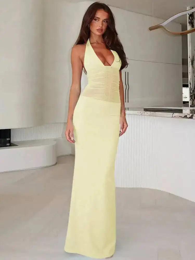Mesh Splicing Backless Maxi Dress – Spaghetti Strap Summer Dress