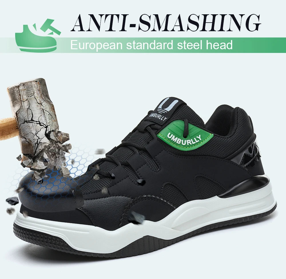 Black sneaker with Green label being smashed by a hammer, featuring 'Umburlly' brand.