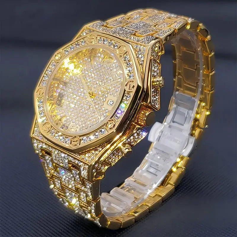 Men's Iced Diamond Gold Quartz Watch — Luxury Calendar Wristwatch