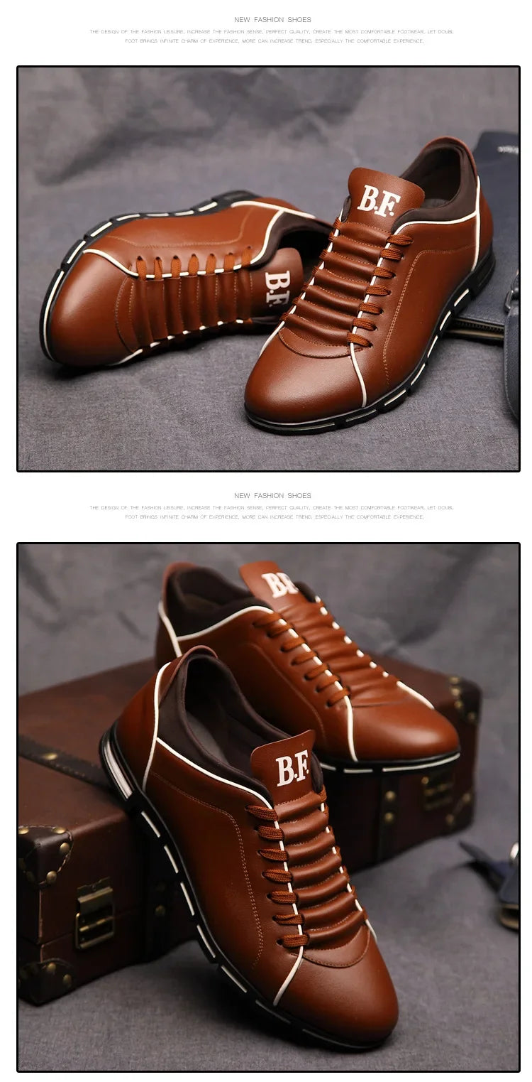 Brown leather shoes with 'BF' branding on a Gray background