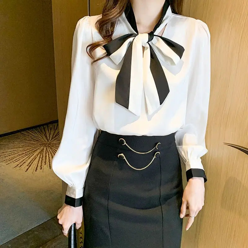 Women's Elegant Bow Blouse – Chic Office & Casual Long Sleeve Top