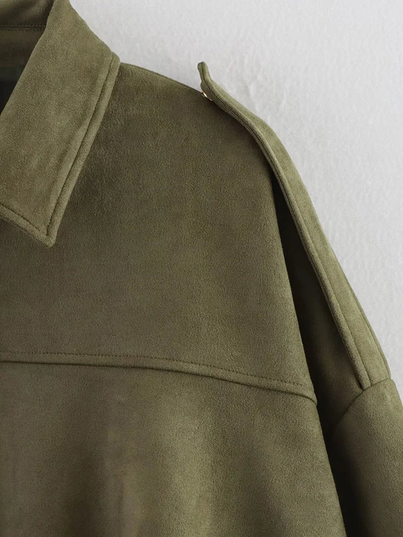 Women's Vintage Bomber Jacket – Loose Fit Long Sleeve Turn-Down Collar Coat