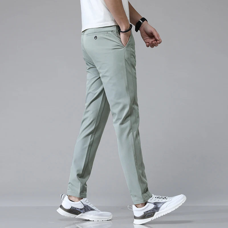 Green Men's Stretch Slim Straight Casual Pants – Model View | Atlantis