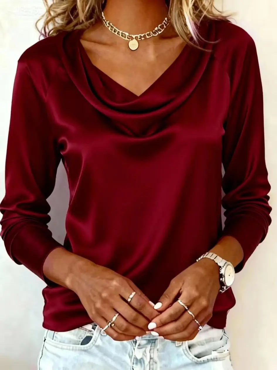 Women's Luxurious Silk-Like Draping Long Sleeve Top – Elegant Satin Blouse