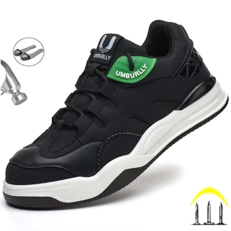 Black and White sneaker with Green Umburlly logo on a White background