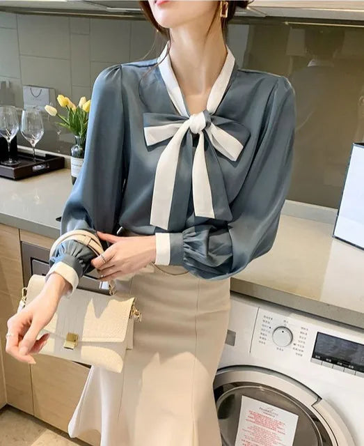 Women's Elegant Bow Blouse – Chic Office & Casual Long Sleeve Top