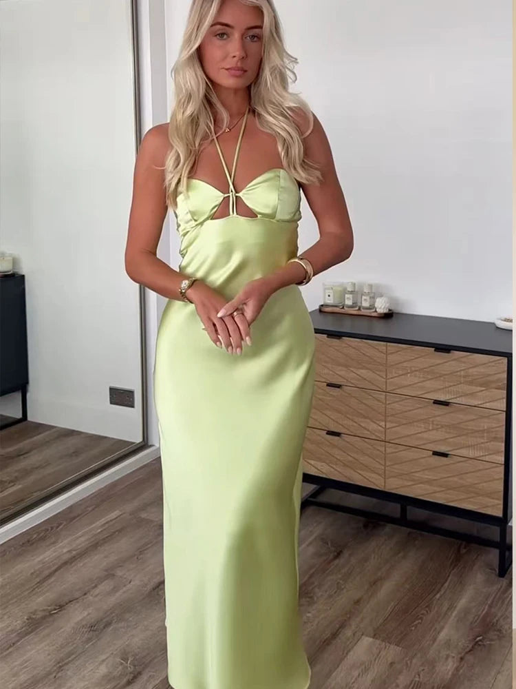 Satin Halter Neck Lace-Up Backless Midi Dress – Slim Fit Party Dress