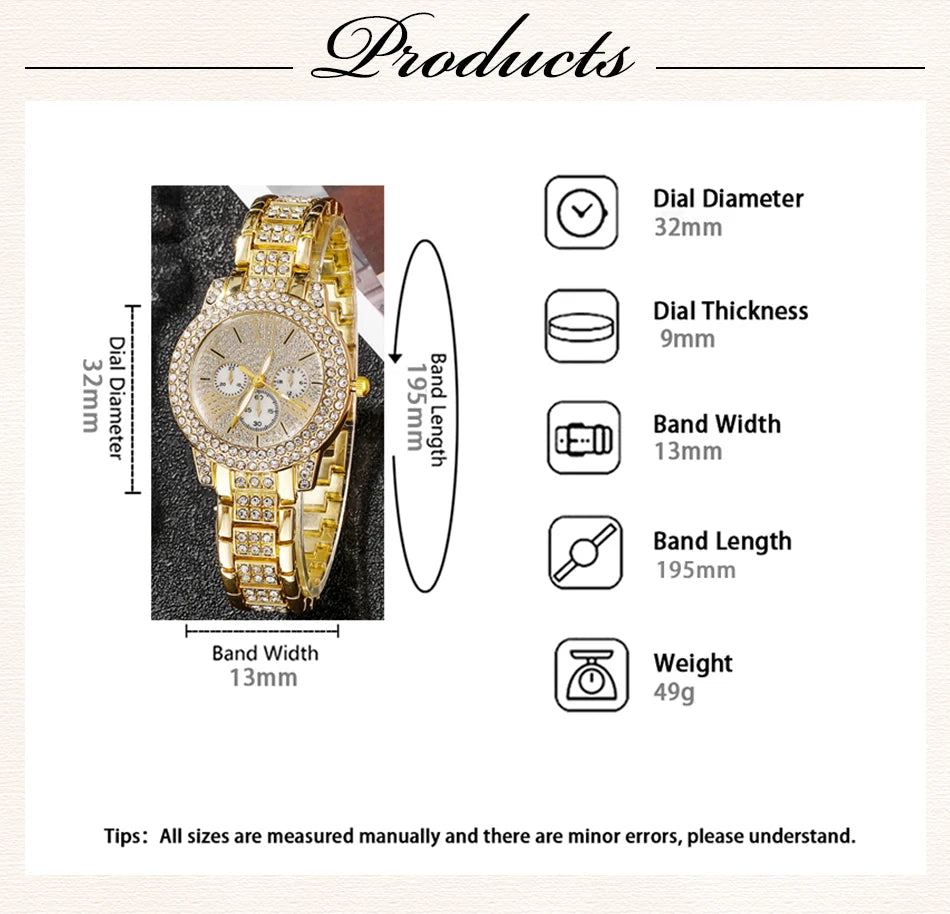 Gold watch with detailed measurements on a beige background