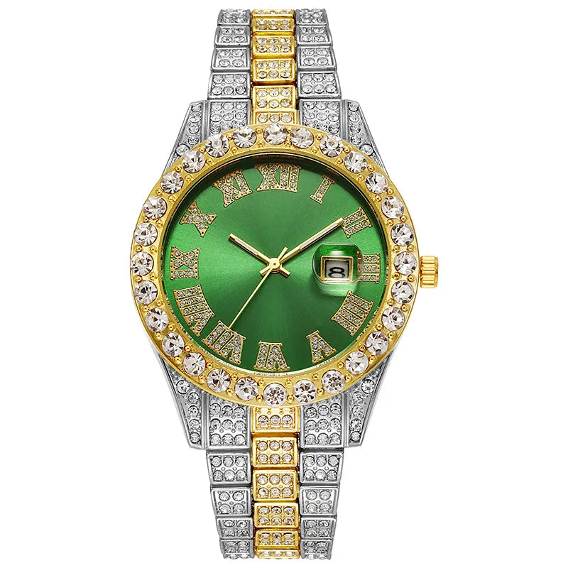 Iced Out Rhinestone Calendar Watch for Men — Gold & Silver Two-Tone