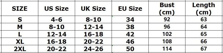 Size chart for clothing with US, UK, EU sizes and measurements.
