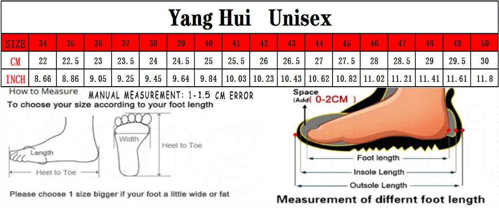 Foot measurement chart for Yang Hui Unisex shoes with size chart and foot length guide.