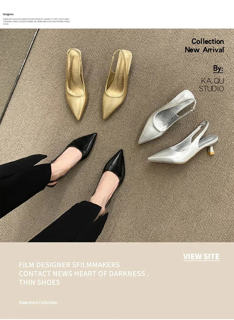 Gold and silver high-heeled shoes on a textuRed surface with text overlay.