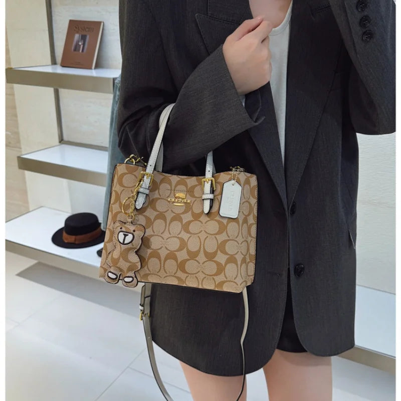 Women's Monogram Tote Bag – Retro Leather Trim with Detachable Strap